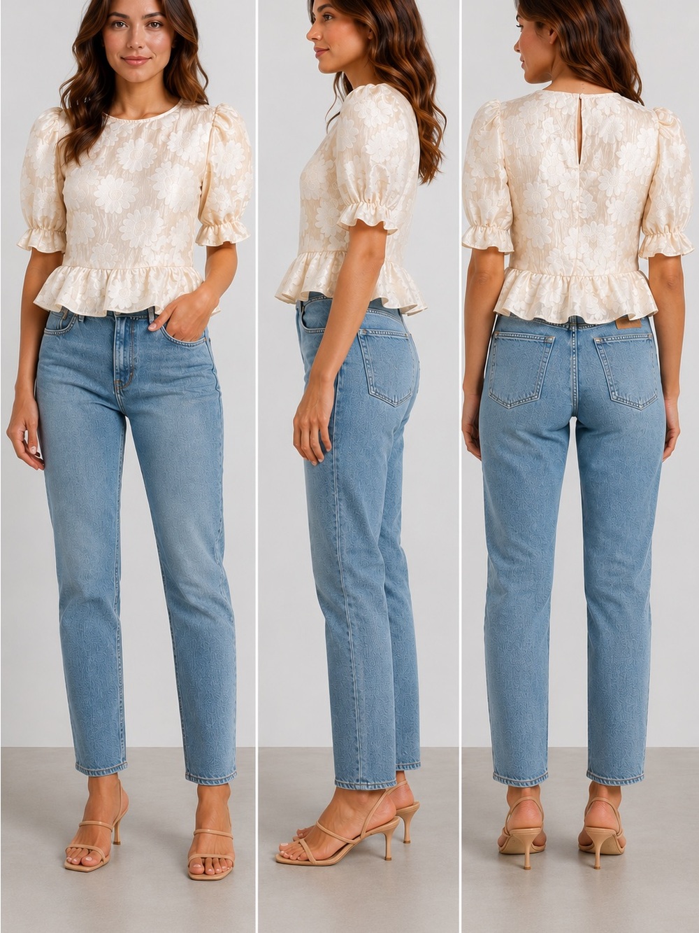 NWT Topshop Ivory Floral Jacquard Puff Sleeve Peplum Top US 4